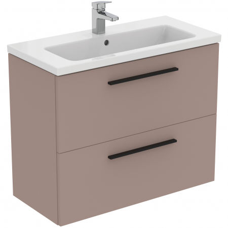 Seturi mobilier cu lavoar - Set dulap baie suspendat gri-bej Ideal Standard i.Life S cu lavoar inclus 81 cm alb si maner negru