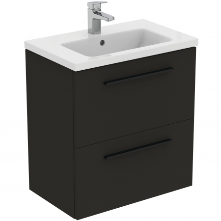 Mobilier baie - Set dulap baie suspendat gri carbon Ideal Standard i.Life S cu lavoar inclus 61 cm alb si maner negru