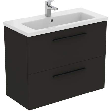 Mobilier baie - Set dulap baie suspendat gri carbon Ideal Standard i.Life S cu lavoar inclus 81 cm alb si maner negru