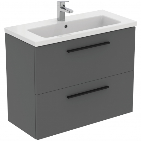Mobilier baie - Set dulap baie suspendat gri Ideal Standard i.Life S cu lavoar inclus 81 cm alb si maner negru