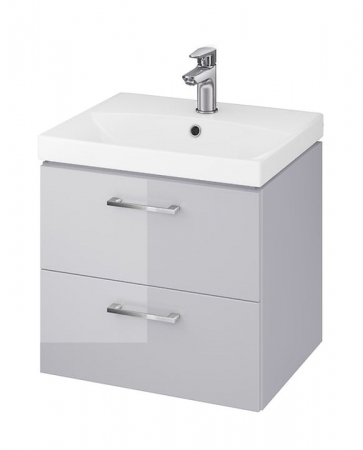 Seturi mobilier cu lavoar - Set dulap baie suspendat gri lucios cu doua sertare si lavoar, 50 cm, Cersanit Lara