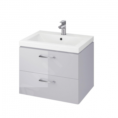 Seturi mobilier cu lavoar - Set dulap baie suspendat gri lucios cu doua sertare si lavoar, 60 cm, Cersanit Lara