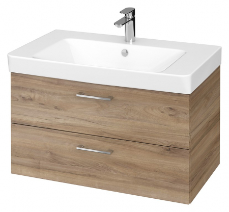 Seturi mobilier cu lavoar - Set dulap baie suspendat Lara 2 sertare cu lavoar Cersanit Mille Slim, 80 cm, Nuc