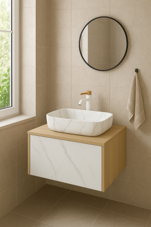 Set dulap baie suspendat placat cu ceramica CALACATTA 100 cm cu lavoar inclus Dione Foglia [1]