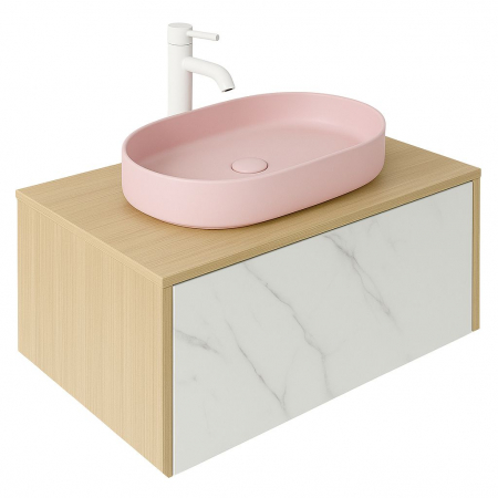Outlet - Set dulap baie suspendat placat cu ceramica CALACATTA 100 cm cu lavoar roz inclus Adelais Foglia