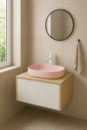 Set dulap baie suspendat placat cu ceramica CALACATTA 100 cm cu lavoar roz inclus Adelais Foglia [1]