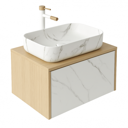 Seturi mobilier cu lavoar - Set dulap baie suspendat placat cu ceramica CALACATTA 80 cm cu lavoar inclus Dione Foglia