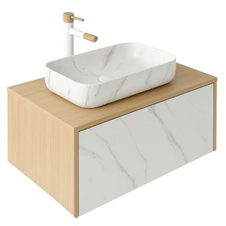 Outlet - Set dulap baie suspendat placat cu ceramica CALACATTA 100 cm cu lavoar inclus Dione Foglia