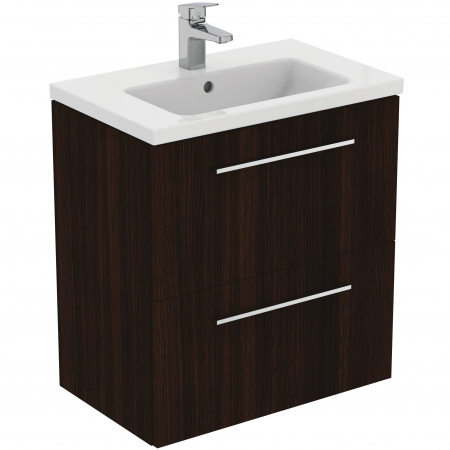 Mobilier baie - Set dulap baie suspendat stejar cafeniu Ideal Standard i.Life S cu lavoar inclus 61 cm alb si maner crom