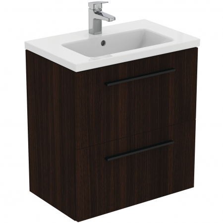 Mobilier baie - Set dulap baie suspendat stejar cafeniu Ideal Standard i.Life S cu lavoar inclus 61 cm alb si maner negru