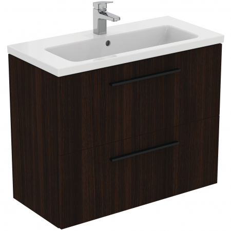Mobilier baie - Set dulap baie suspendat stejar cafeniu Ideal Standard i.Life S cu lavoar inclus 81 cm alb si maner negru