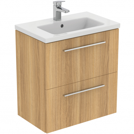 Mobilier baie - Set dulap baie suspendat stejar natural Ideal Standard i.Life S cu lavoar inclus 61 cm alb si maner crom