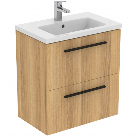Mobilier baie - Set dulap baie suspendat stejar natural Ideal Standard i.Life S cu lavoar inclus 61 cm alb si maner negru