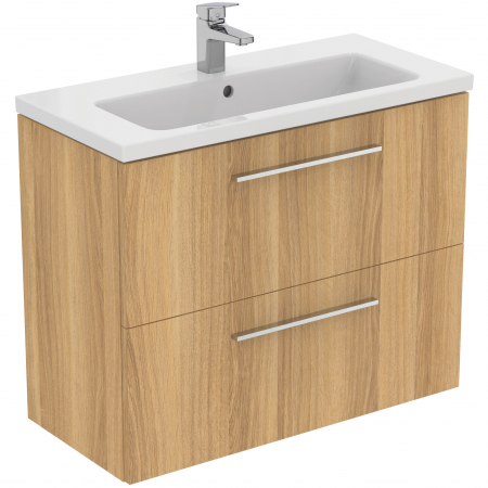 Mobilier baie - Set dulap baie suspendat stejar natural Ideal Standard i.Life S cu lavoar inclus 81 cm alb si maner crom