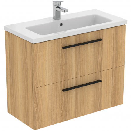 Mobilier baie - Set dulap baie suspendat stejar natural Ideal Standard i.Life S cu lavoar inclus 81 cm alb si maner negru