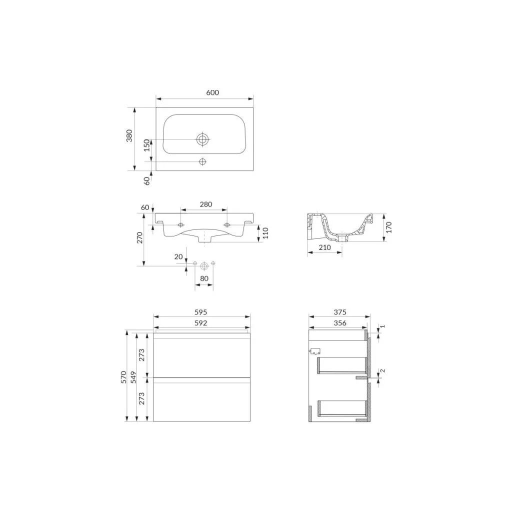 Set dulap de baie suspendat cu lavoar 60x38 cm, casmir, Cersanit Moduo [1]
