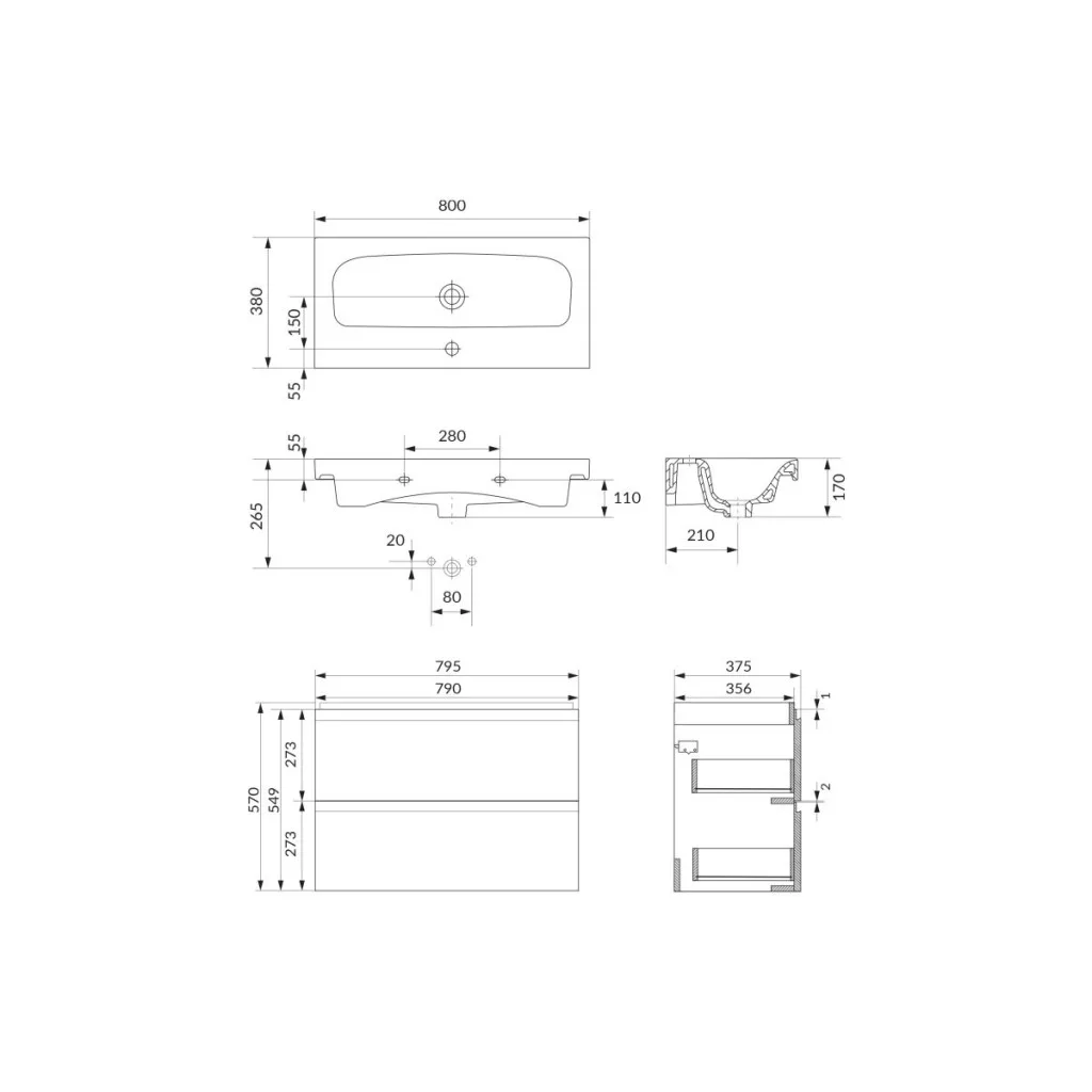 Set dulap de baie suspendat cu lavoar 80x38 cm, casmir, Cersanit Moduo [1]