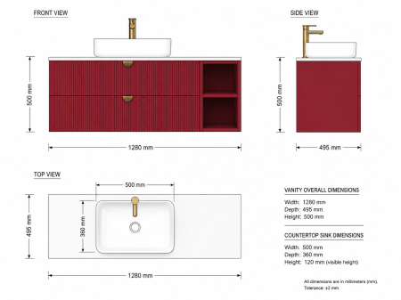 Dulap baie suspendat cu 2 sertare 130 cm MDF vopsit, rosu rubin, blat Quartz, Isvea Infinity [3]