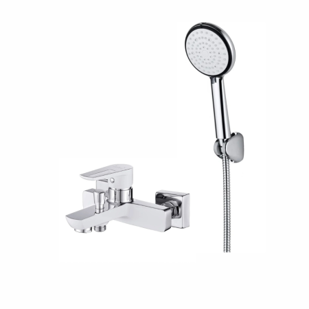 Baie - Set dus crom lucios cu para dus 6 functii si furtun Deante Boro si baterie cada, alba, cu finisaj crom lucios, Cersanit Mille