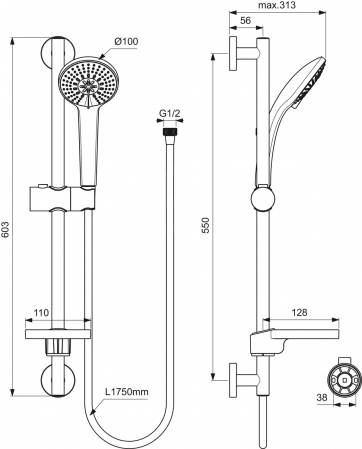 Set de dus Ideal Standard Idealrain Soft cu bara 60 cm, para dus 3 functii si furtun, crom lucios [2]