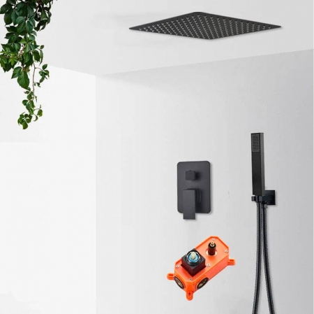 Sisteme de dus incastrate - Set dus negru incastrabil, cu para patrata 30 cm, 2 functii de curgere a apei