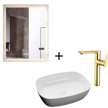 Perechea perfecta - Set lavoar baie alb, baterie aurie plus oglinda dreptunghiulara cu iluminare LED si dezaburire Miro