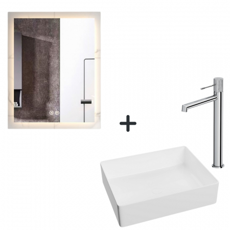 Perechea perfecta - Set lavoar baie alb, baterie plus oglinda dreptunghiulara cu iluminare LED si dezaburire Miro