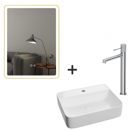 Baie - Set lavoar baie alb, baterie plus oglinda dreptunghiulara cu iluminare LED si dezaburire Titian
