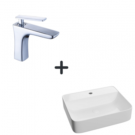 Baie completa - Set lavoar baie dreptunghiular alb cu ventil inclus plus baterie crom Atrio Foglia