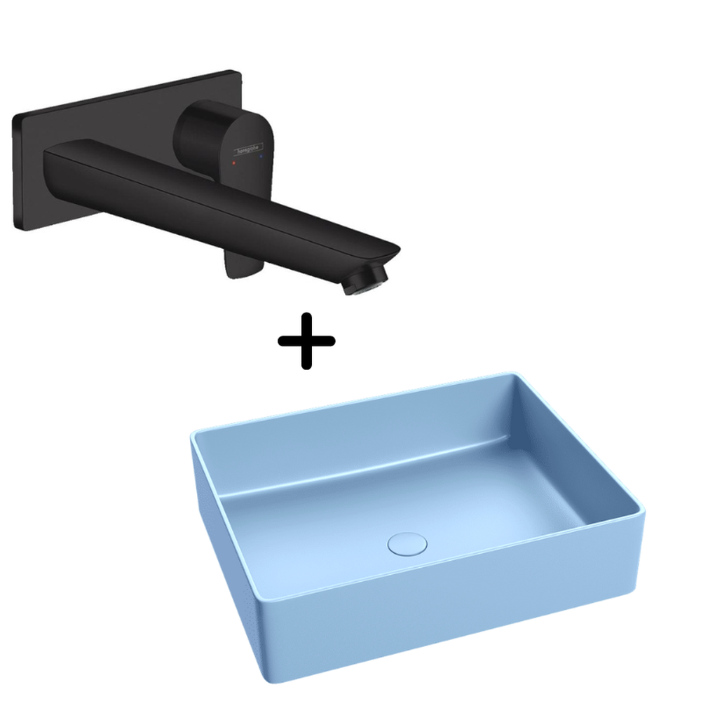 Baie completa - Set lavoar baie dreptunghiular albastru, ventil inclus plus baterie incastrata neagra Hansgrohe, Talis Select E