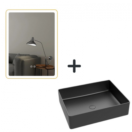 Baie completa - Set lavoar baie negru mat cu ventil inclus plus oglinda cu iluminare LED si dezaburire