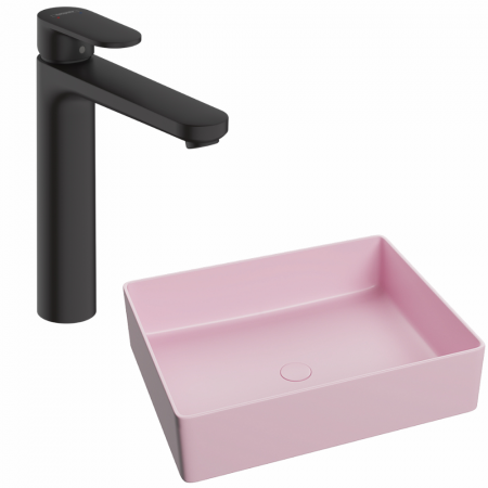 Provocarea mintii - ghicitori cu reduceri - Set lavoar baie dreptunghiular pe blat, roz mat, Foglia Color, plus baterie inalta, negru mat, Hansgrohe Vernis Blend