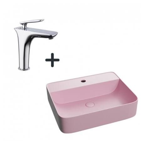 Seturi chiuvete cu baterie lavoar - Set lavoar baie dreptunghiular roz mat plus baterie crom Infinity Foglia