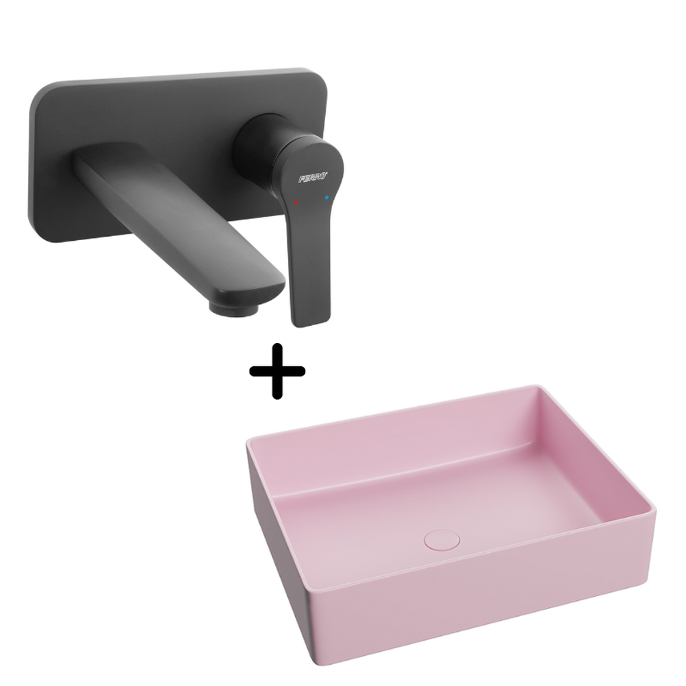 Seturi chiuvete cu baterie lavoar - Set lavoar baie dreptunghiular roz, ventil inclus plus baterie incastrata neagra Stratos Ferro