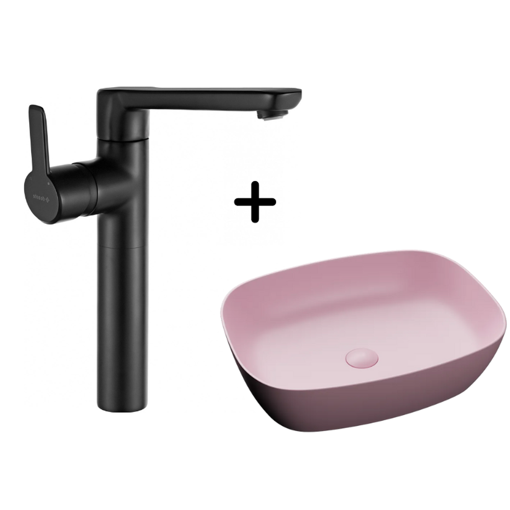 Perechea perfecta - Set lavoar baie dreptunghiular roz, ventil inclus plus baterie neagra Arnika, Deante