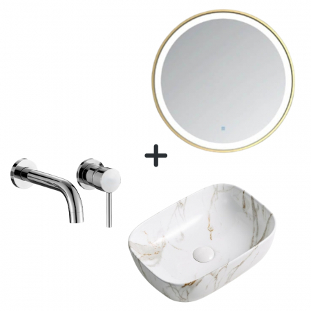 Seturi lavoare cu baterie si oglinda - Set lavoar baie efect marmura, baterie plus oglinda rotunda cu iluminare LED si dezaburire Gold-Lady