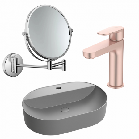 Seturi lavoare cu baterie si oglinda - Set lavoar baie gri mat cu orificiu baterie, Foglia Maurice, baterie rose mat si oglinda cosmetica de baie crom