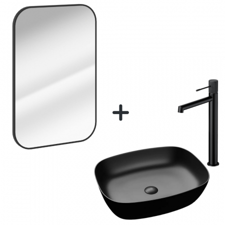 Seturi lavoare cu baterie si oglinda - Set lavoar baie negru, baterie plus oglinda dreptunghiulara cu rama negru mat Mokko