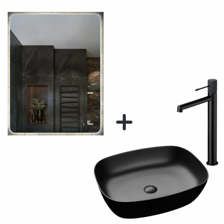 Seturi lavoare cu baterie si oglinda - Set lavoar baie negru, baterie plus oglinda dreptunghiulara cu iluminare LED si dezaburire 60 cm Verona