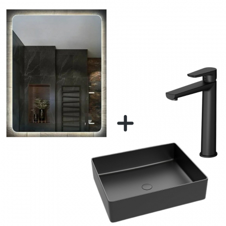 Seturi lavoare cu baterie si oglinda - Set lavoar baie negru, baterie plus oglinda dreptunghiulara cu iluminare LED si dezaburire Verona