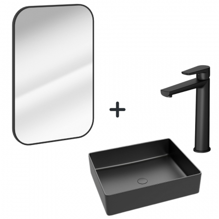 Seturi lavoare cu baterie si oglinda - Set lavoar baie negru, baterie plus oglinda dreptunghiulara cu rama negru mat