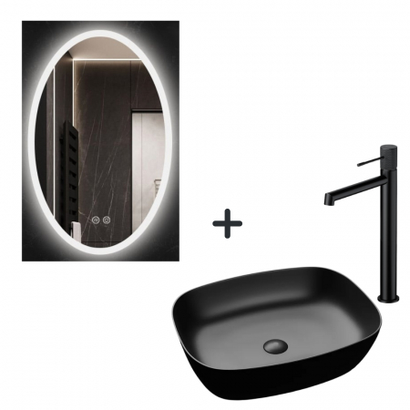 Seturi lavoare cu baterie si oglinda - Set lavoar baie negru, baterie plus oglinda ovala cu iluminare LED si dezaburire Picasso-EX