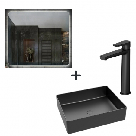 Seturi lavoare cu baterie si oglinda - Set lavoar baie negru, baterie plus oglinda patrata cu iluminare LED si dezaburire Verona