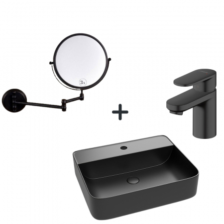Seturi lavoare cu baterie si oglinda - Set lavoar baie negru, baterie plus oglinda rotunda cosmetica Foglia