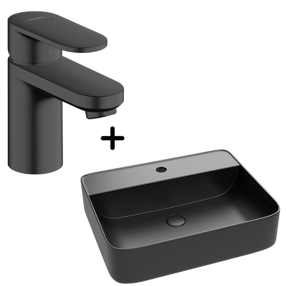 Seturi chiuvete cu baterie lavoar - Set lavoar baie negru cu ventil inclus plus baterie neagra Hansgrohe Vernis Blend