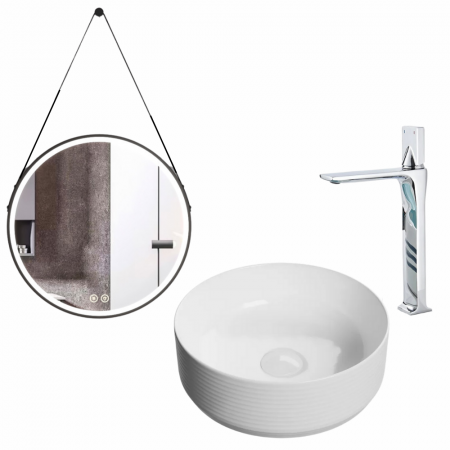 Baterii baie - Set lavoar baie pe blat cu linii 3D, Foglia Line, baterie argintiu lucios si oglinda cu iluminare LED Fluminia Mona New