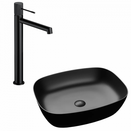 Provocarea mintii - ghicitori cu reduceri - Set lavoar baie pe blat, dreptunghiular margini rotunde, negru mat, Bristol Foglia, plus baterie inalta, Cersanit Zen