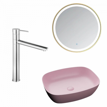 Provocarea mintii - ghicitori cu reduceri - Set lavoar baie pe blat, roz mat, Bristol Foglia, baterie crom lucios inalta si oglinda cu rama aurie, cu iluminare LED si dezaburire