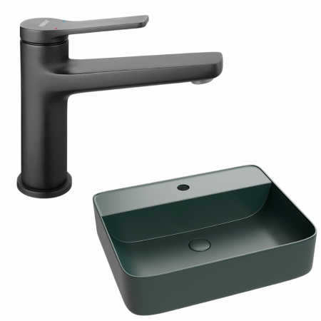 Provocarea mintii - ghicitori cu reduceri - Set lavoar baie pe blat, verde inchis mat cu orificiu baterie ,Foglia Golar, plus baterie negru mat, Ferro Stratos