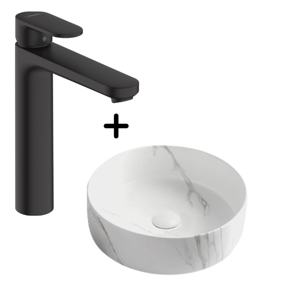 Perechea perfecta - Set lavoar baie rotund alb, plus baterie neagra Hansgrohe Vernis Blend